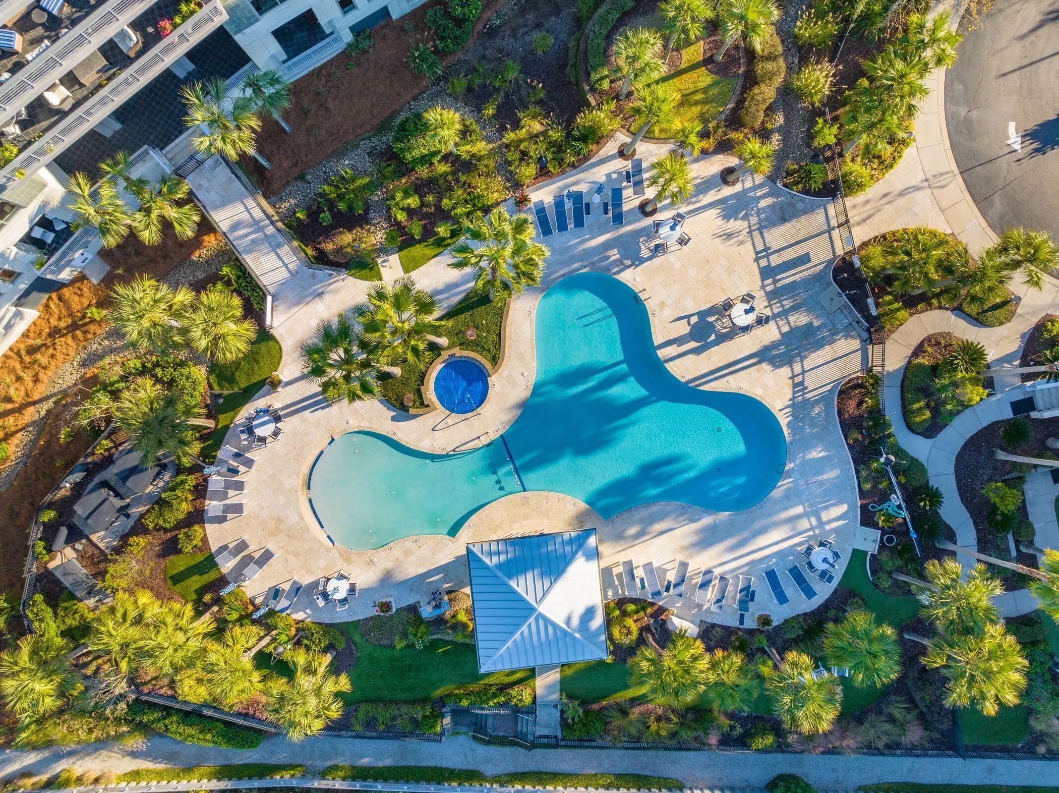 Aerial view of the resort-style pool, cabana and palms at The Tides condominiums in Mount Pleasant, SC