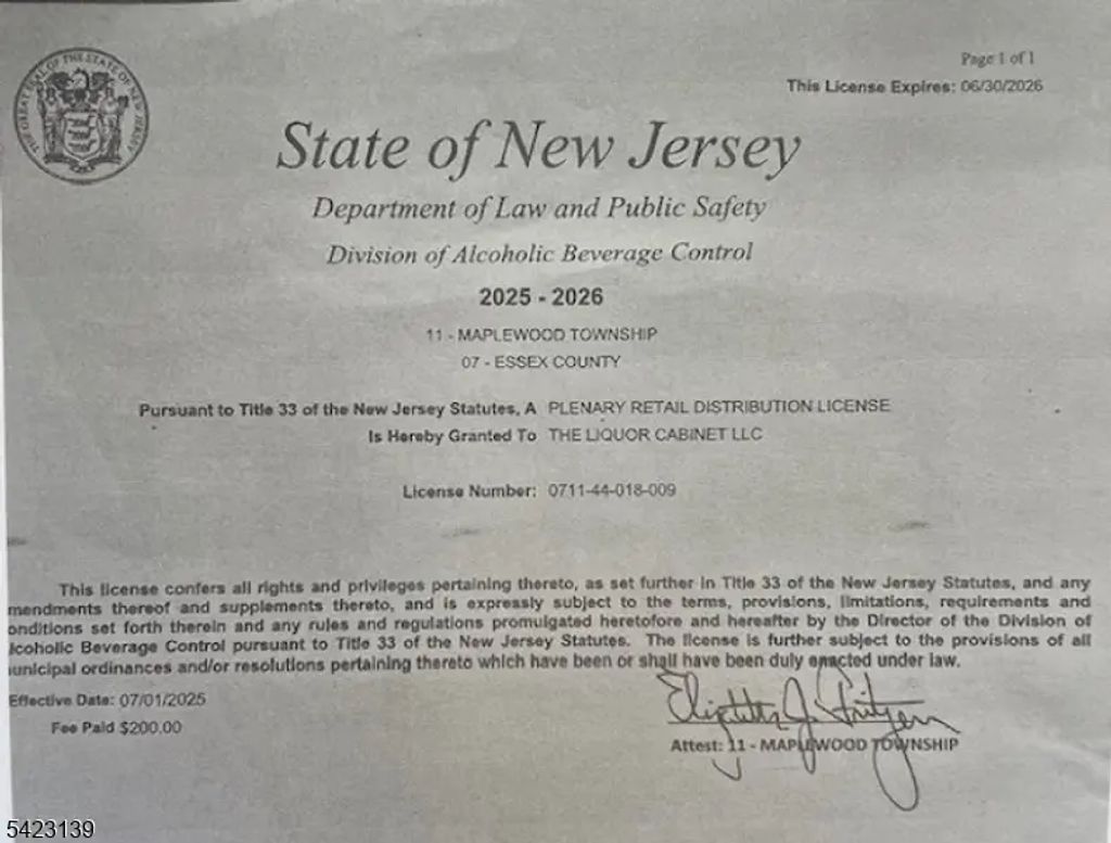 00 Liquor License For Sale, Maplewood Twp.